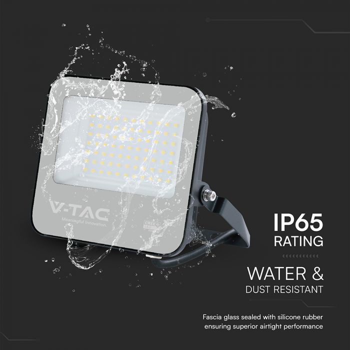 50W(6750Lm) 135LM/W LED CREE prožektors bez kustību sensora, V-TAC, IP65, garantija 6 gadi, melns korpuss ar pelēku stiklu, neitrāli balta gaisma 4000K
