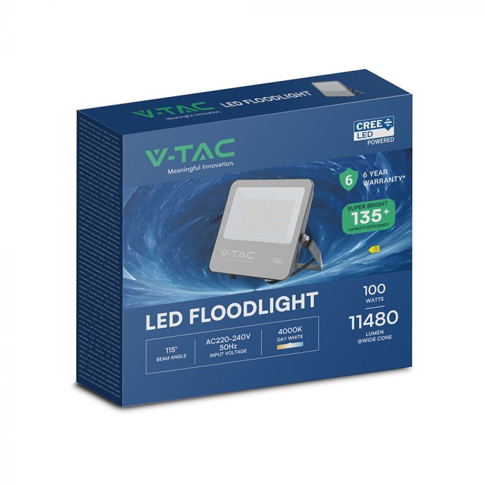 100W(13500Lm) 135LM/W LED CREE prožektors bez kustību sensora, V-TAC, IP65, garantija 6 gadi, melns korpuss, neitrāli balta gaisma 4000K