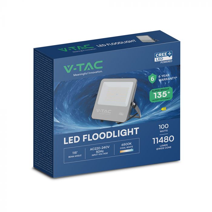 100W(13500Lm) 135LM/W LED CREE prožektors bez kustību sensora, V-TAC, IP65, garantija 6 gadi, melns korpuss, auksti balta gaisma 6500K