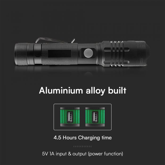 10W(1000Lm) LED lukturis ar C tipa lādētāju, V-TAC, IP54, melns,  35x175x195mm