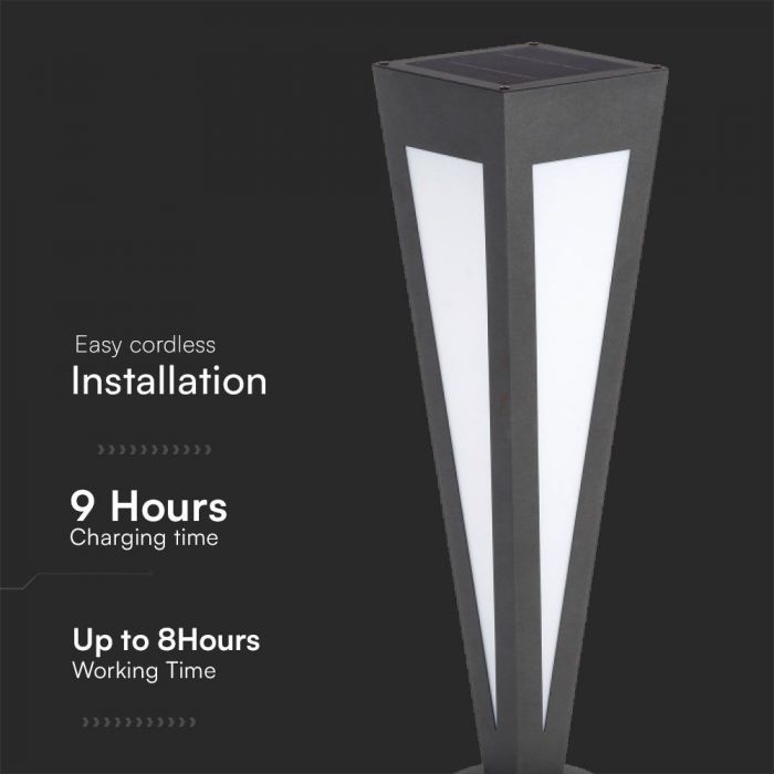 2W LED uz virsmas montējams solārais dārza gaismeklis ar tālvadības pulti, 63.5cm, V-TAC, IP65, melns, silti balta gaisma 3000K