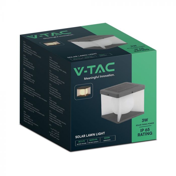 3W LED päikesevalgusti kaugjuhtimispuldiga, 205x205x190mm, V-TAC, IP65, must/valge, soe valge valgus 3000K