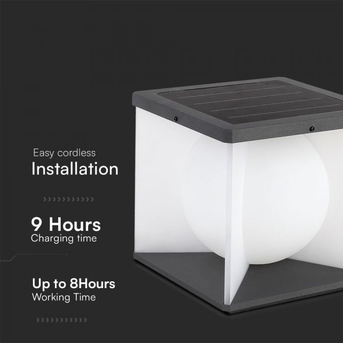 3W LED päikesevalgusti kaugjuhtimispuldiga, 205x205x190mm, V-TAC, IP65, must/valge, soe valge valgus 3000K