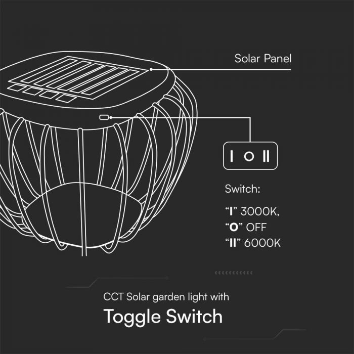 120Lm LED solārā galda lampa, V-TAC, IP44, melna, 3000K+6000K