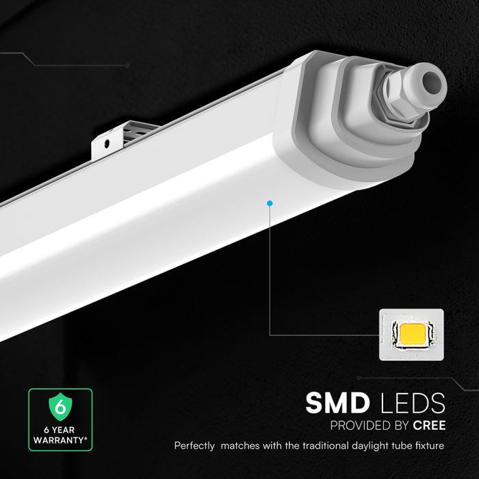 48W(5760Lm) LED hermētiskais lineārais gaismeklis, V-TAC VT-12049, CREE SMD, 120Lm/W, IP65, IK05, balts, 1500x68x59mm, savienojams līdz 8 gab., 120°, 6 gadu garantija, neitrāli balta gaisma 4000K