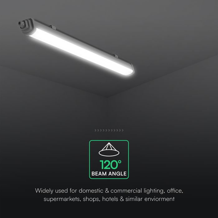 48W(5760Lm) LED hermētiskais lineārais gaismeklis, V-TAC VT-12049, CREE SMD, 120Lm/W, IP65, IK05, balts, 1500x68x59mm, savienojams līdz 8 gab., 120°, 6 gadu garantija, auksti balta gaisma 6500K