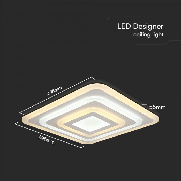 77W(6700Lm) LED-designarmatur med fjärrkontroll, V-TAC, IP20, vit, 495x495x55mm, dimbar, 3IN1
