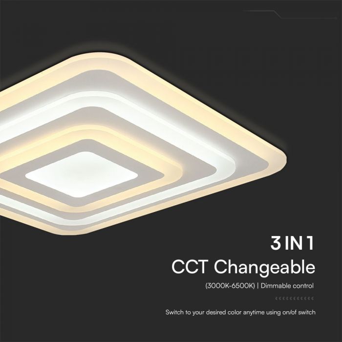 77W(6700Lm) LED-designarmatur med fjärrkontroll, V-TAC, IP20, vit, 495x495x55mm, dimbar, 3IN1