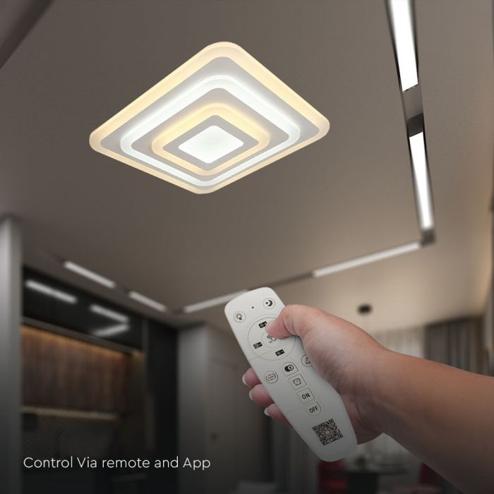 77W(6700Lm) LED-designarmatur med fjärrkontroll, V-TAC, IP20, vit, 495x495x55mm, dimbar, 3IN1