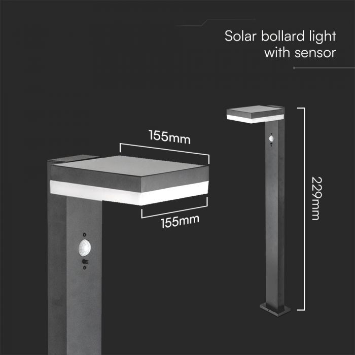 5.5W(220Lm) LED vertikālais  solārais dārza gaismeklis ar PIR sensoru, V-TAC, IP54, melns, silti balta gaisma 3000K