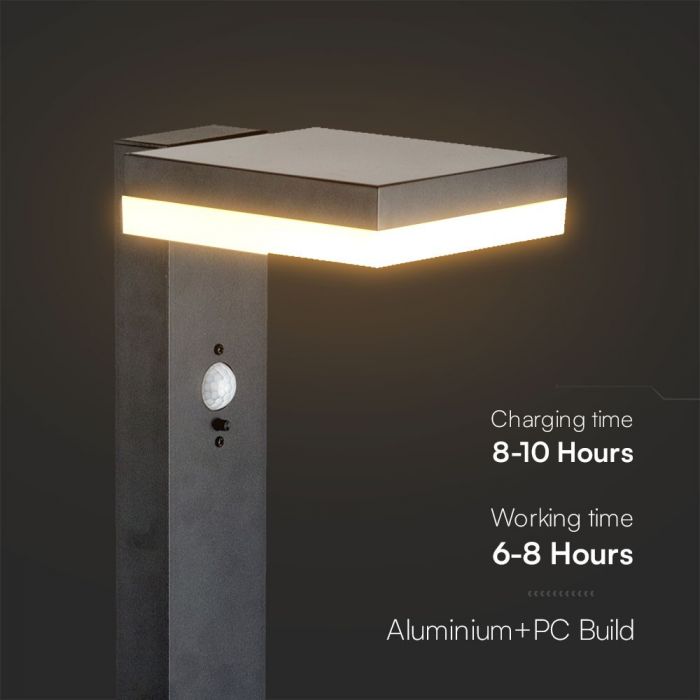 5,5W (220Lm) LED vertikal solcellsarmatur för trädgård med PIR-sensor, V-TAC, IP54, svart, varmvitt ljus 3000K