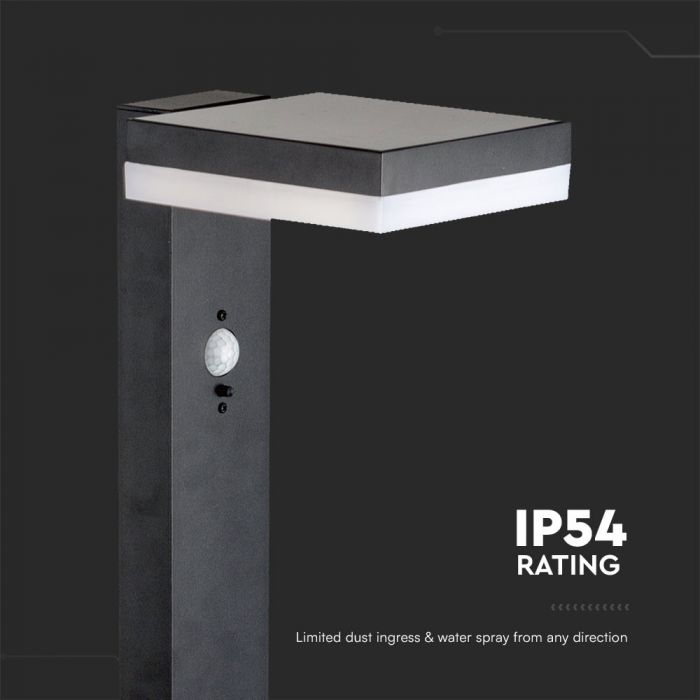 5,5W (220Lm) LED vertikal solcellsarmatur för trädgård med PIR-sensor, V-TAC, IP54, svart, varmvitt ljus 3000K