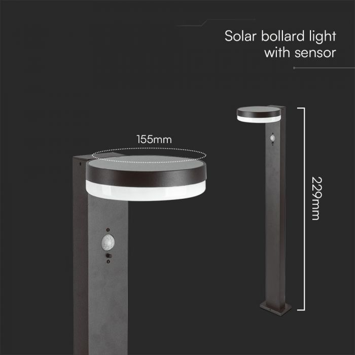 5,5W (220Lm) LED vertikal solcellsarmatur för trädgård med PIR-sensor, V-TAC, IP54, svart, varmvitt ljus 3000K