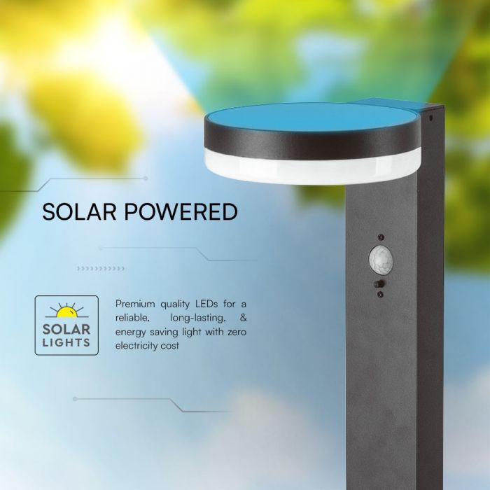 5.5W(220Lm) LED вертикальный солнечный садовый светильник с PIR датчиком, V-TAC, IP54, черный, теплый белый свет 3000K