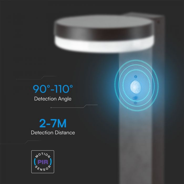 5,5W (220Lm) LED vertikal solcellsarmatur för trädgård med PIR-sensor, V-TAC, IP54, svart, varmvitt ljus 3000K