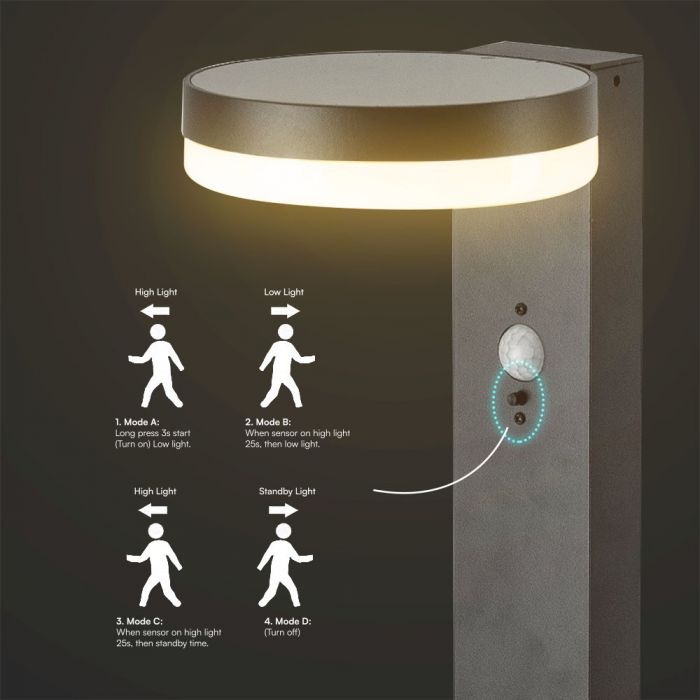 5,5W (220Lm) LED vertikal solcellsarmatur för trädgård med PIR-sensor, V-TAC, IP54, svart, varmvitt ljus 3000K