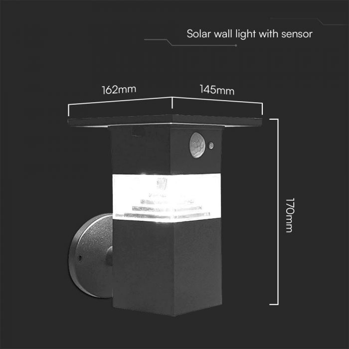 3W(250Lm) LED fasādes un sienu gaismeklis ar PIR sensoru, V-TAC, IP54, silti balta gaisma 3000K