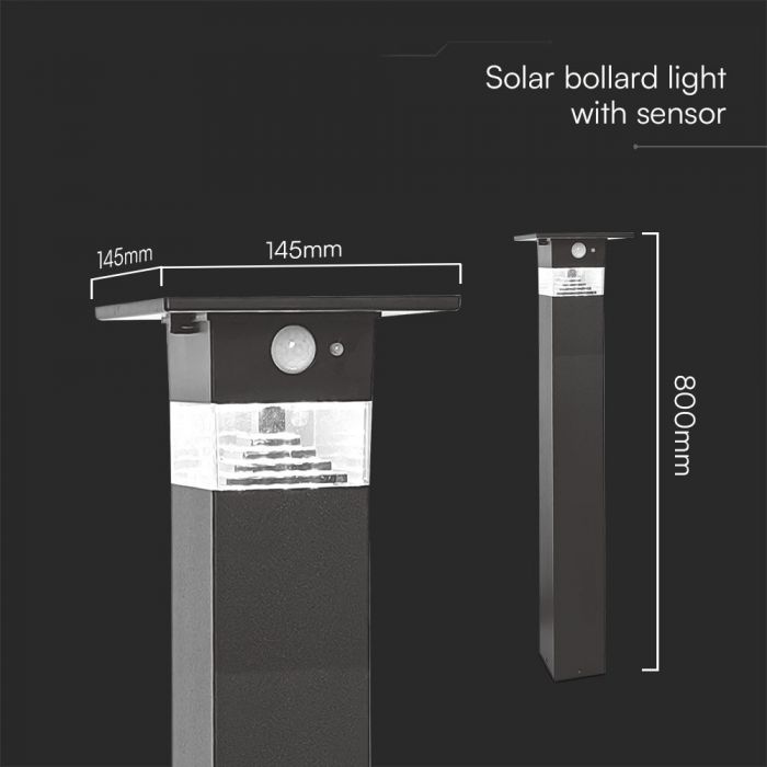 3W(250Lm) LED vertikālais  solārais dārza gaismeklis ar PIR sensoru, V-TAC, IP54, melns, silti balta gaisma 3000K