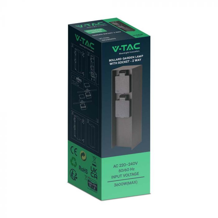 V-TAC roostevabast terasest jaotur, IP44, 2x16A, must