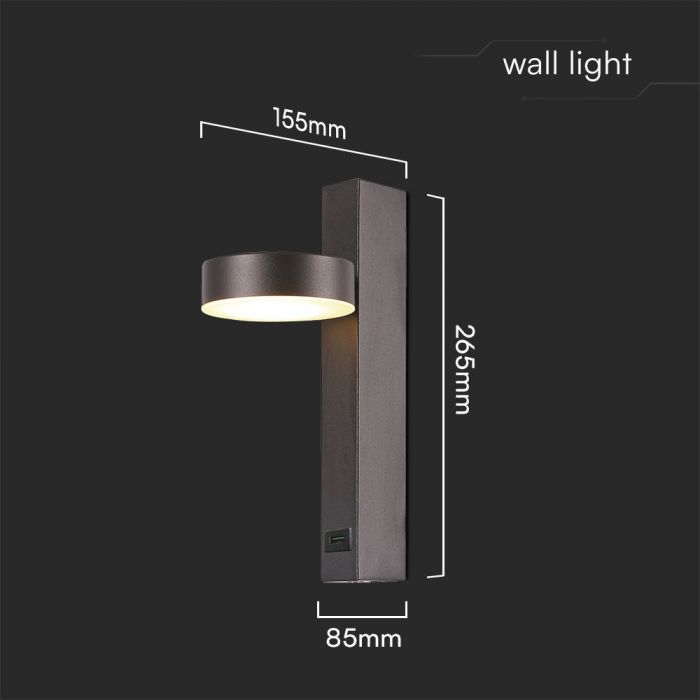 8W(900Lm) LED sienas gaismeklis, V-TAC, IP20, melns, silti balta gaisma 3000K