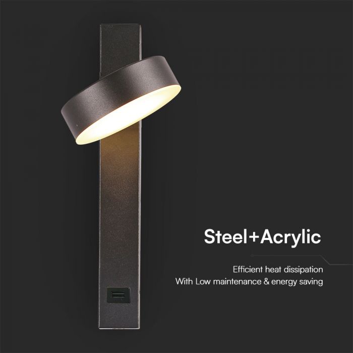 Настенный светодиодный светильник 8W(900Lm), V-TAC, IP20, черный, теплый белый свет 3000K