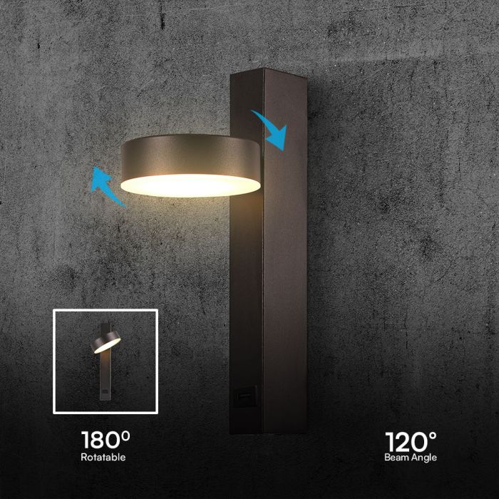8W(900Lm) LED sienas gaismeklis, V-TAC, IP20, melns, silti balta gaisma 3000K