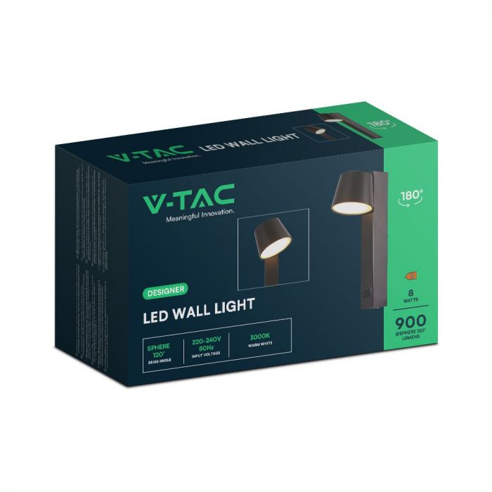 8W(900Lm) LED-väggarmatur, V-TAC, IP20, svart, varmvitt ljus 3000K