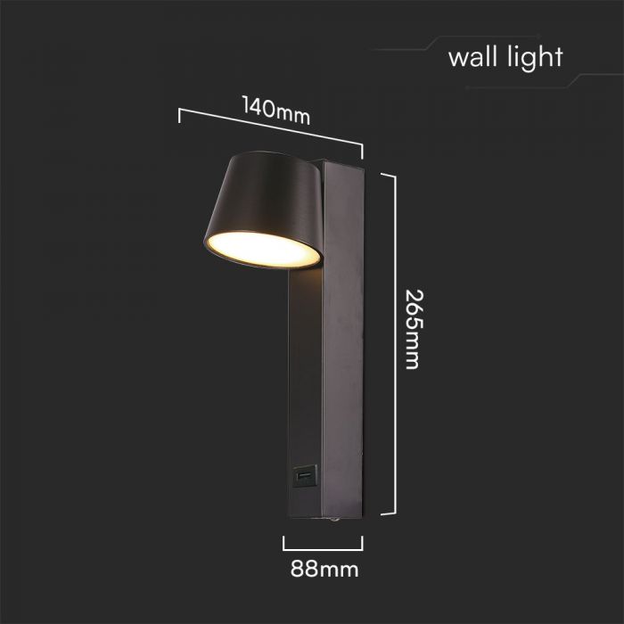 8W(900Lm) LED-väggarmatur, V-TAC, IP20, svart, varmvitt ljus 3000K