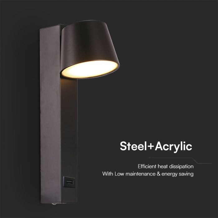 8W(900Lm) LED-väggarmatur, V-TAC, IP20, svart, varmvitt ljus 3000K