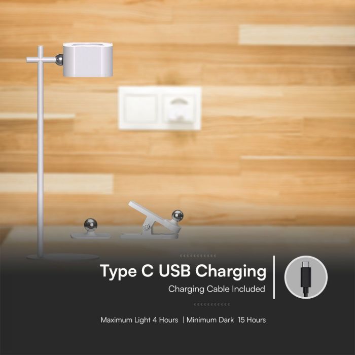 3W (300Lm) 5V LED laualamp USB Type-C laadijaga, V-TAC, IP20, valge, dimmerdatav, 3IN1