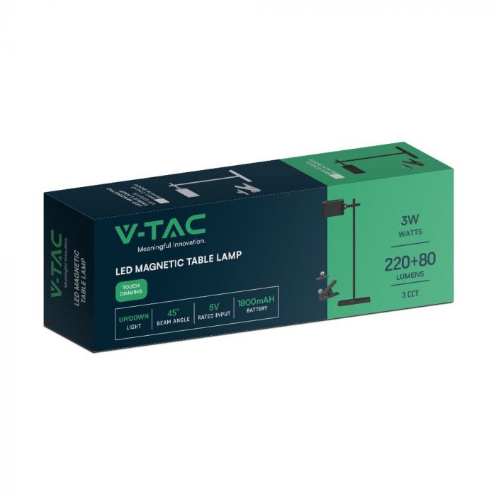 3W(300Lm) 5V LED skrivbordslampa med USB Type-C laddare, V-TAC, IP20, svart, dimbar, 3IN1