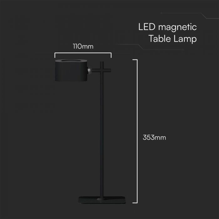 3W(300Lm) 5V LED skrivbordslampa med USB Type-C laddare, V-TAC, IP20, svart, dimbar, 3IN1