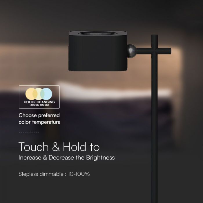 3W(300Lm) 5V LED skrivbordslampa med USB Type-C laddare, V-TAC, IP20, svart, dimbar, 3IN1