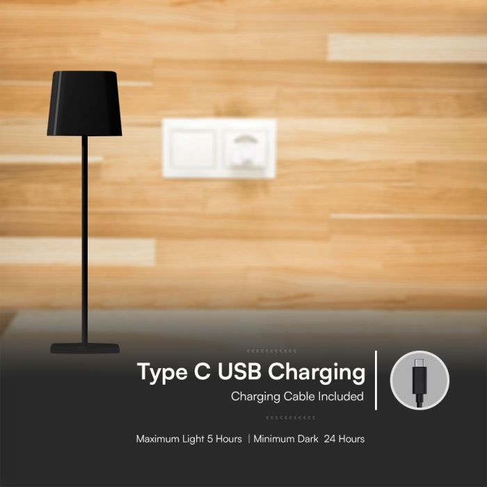 5W(400Lm) 5V LED desk lamp with USB Type-C charger, V-TAC, IP20, black, dimmable, 3IN1