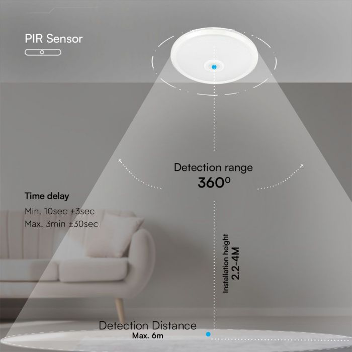 12W(900Lm) LED plafons ar gaismas sensoru, V-TAC SAMSUNG, IP20, balts, 3IN1