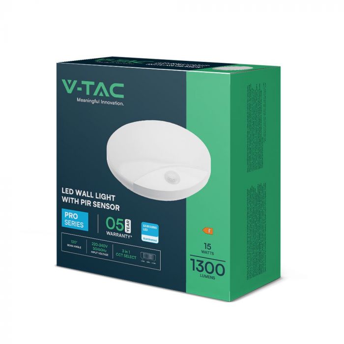 15W(1300Lm) LED-väggarmatur med PIR-sensor, V-TAC SAMSUNG, IP44, vit, 3IN1
