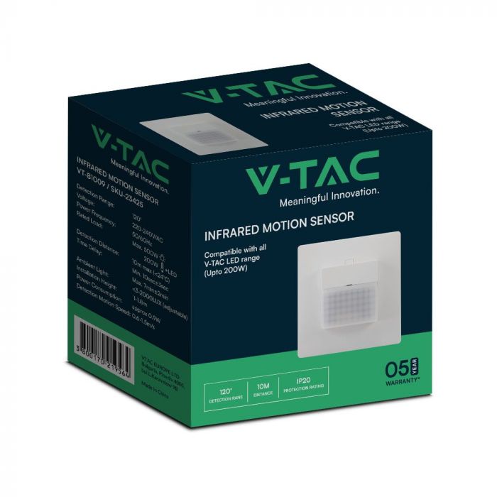 Infraröd rörelsesensor, inbyggd, max 200W LED, 120gr, V-TAC, IP20