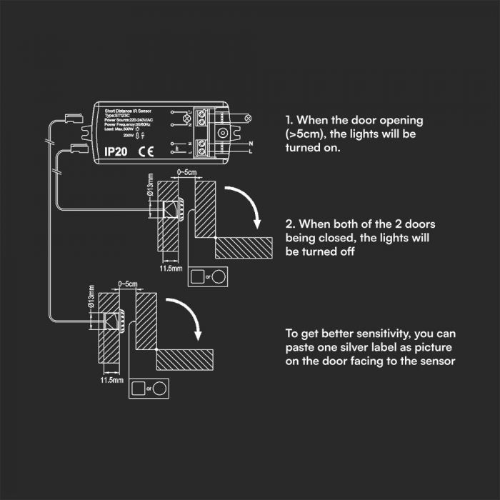 Short range infrared motion sensor, working on door opening, with two sensors, max 200w LED, IP20