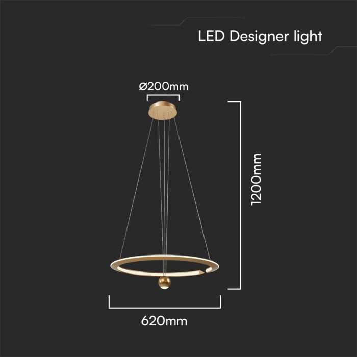 45W(5500Lm) LED dizaina lustra, V-TAC, IP20, zelta krāsā, 620x1200, neitrāli balta gaisma 4000K