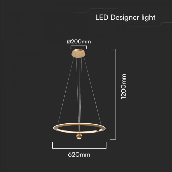 45W(5500Lm) LED designkrona, V-TAC, IP20, guld, 620x1200, varmvitt ljus 3000K