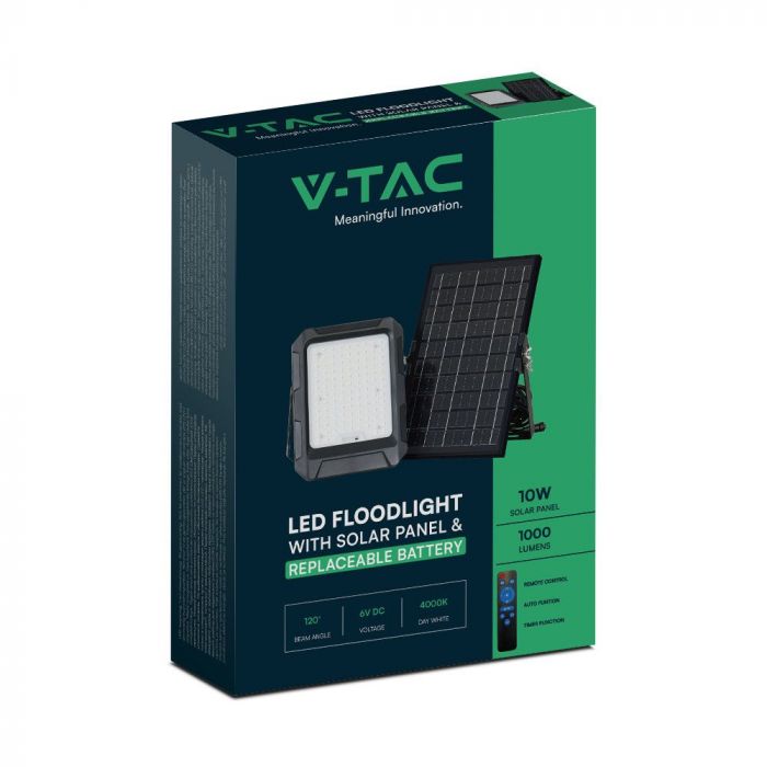 10W(1000Lm) LED floodlight with solar cell and control panel, V-TAC, IP65, black, neutral white light 4000K