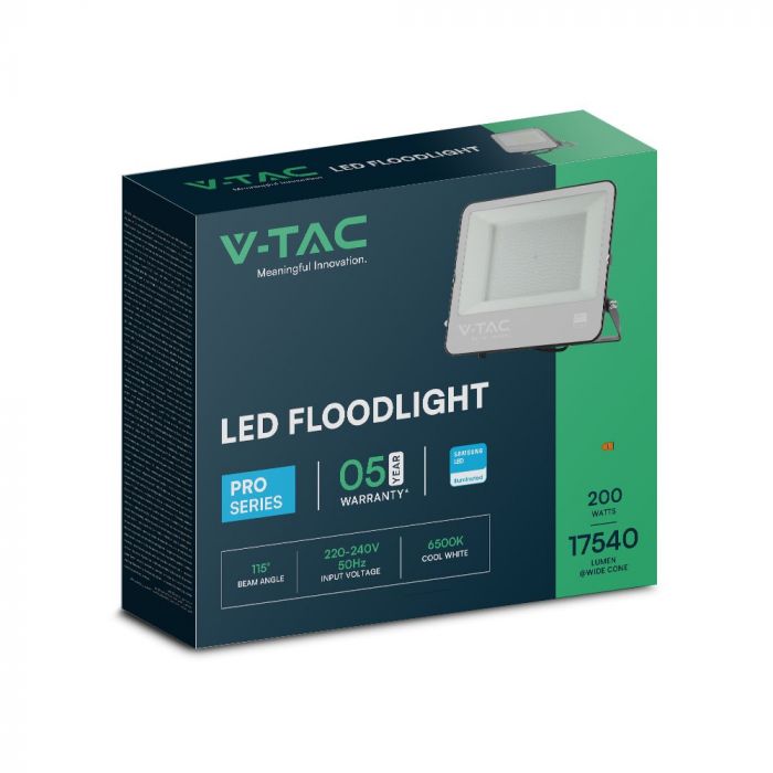 KASTE 2 gab. x 39,22€ – 200W(17540Lm) LED Prožektors bez kustību sensora, 1 m kabelis, V-TAC SAMSUNG, IP65, garantija 5 gadi, melns korpuss un pelēks stikls, auksti balta gaisma 6500K