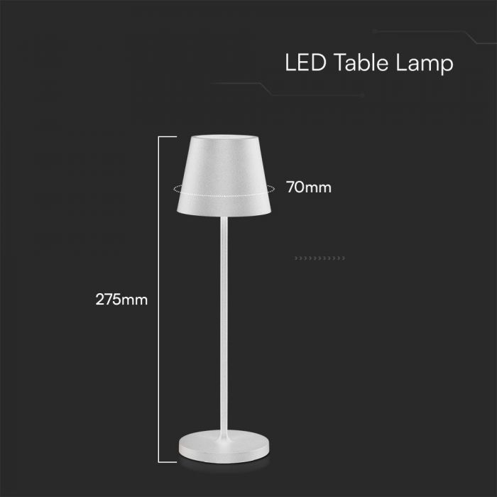 1.5W 5V LED  galda lampa ar skārienjūtīgu slēdzi, V-TAC, dimmējama, IP54, 1900mAh, balta, silti balta gaisma 3000K