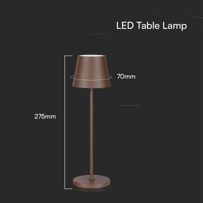 1.5W 5V LED  galda lampa ar skārienjūtīgu slēdzi, V-TAC, dimmējama, IP54, 1900mAh, brūna, silti balta gaisma 3000K