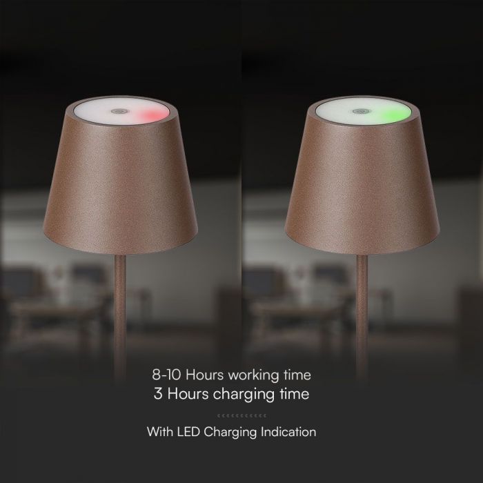 1.5W 5V LED  galda lampa ar skārienjūtīgu slēdzi, V-TAC, dimmējama, IP54, 1900mAh, brūna, silti balta gaisma 3000K