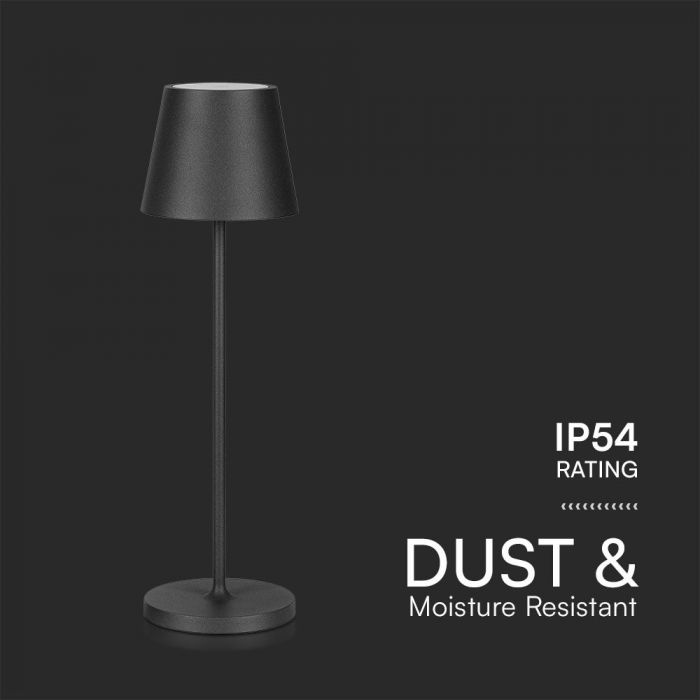 1.5W 5V LED laualamp koos puutetundliku lülitiga, V-TAC, timmitav, IP54, 1900mAh, must, soe valge valgus 3000K