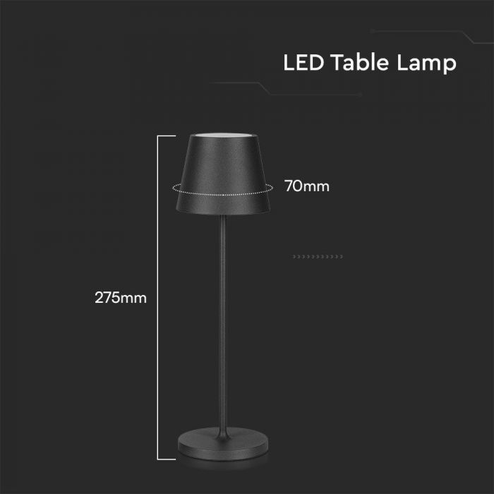 1.5W 5V LED  galda lampa ar skārienjūtīgu slēdzi, V-TAC, dimmējama, IP54, 1900mAh, melna, silti balta gaisma 3000K