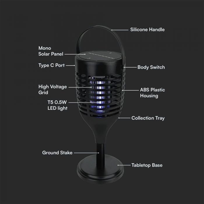 1.3W V-TAC Elektriskais insektu iznīcinātājs,  128x128x672mm, IP24, Li-ion 18650,3.7V,2200mAh Battery 4h MAX