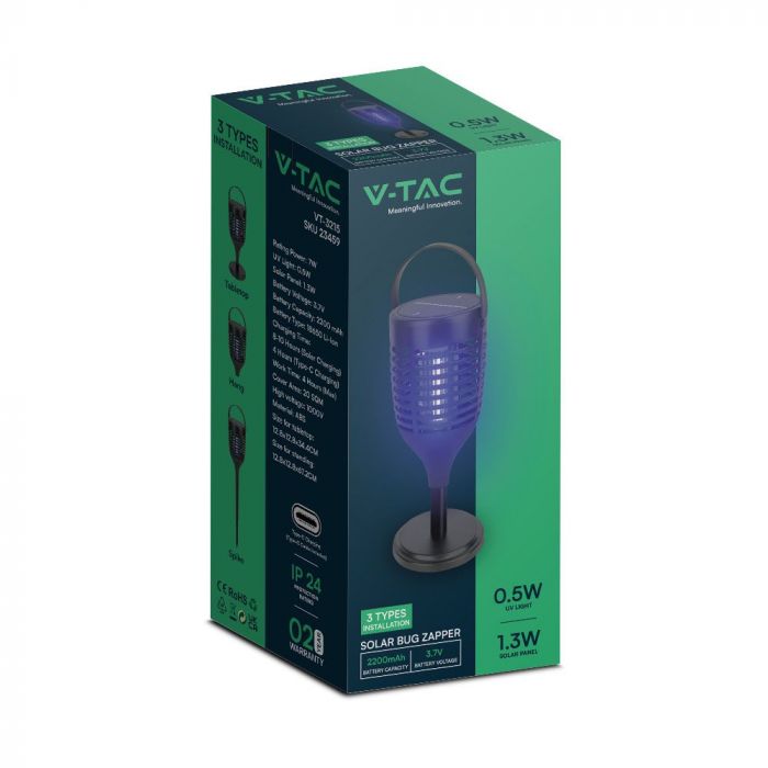 1.3W V-TAC Elektriskais insektu iznīcinātājs,  128x128x672mm, IP24, Li-ion 18650,3.7V,2200mAh Battery 4h MAX