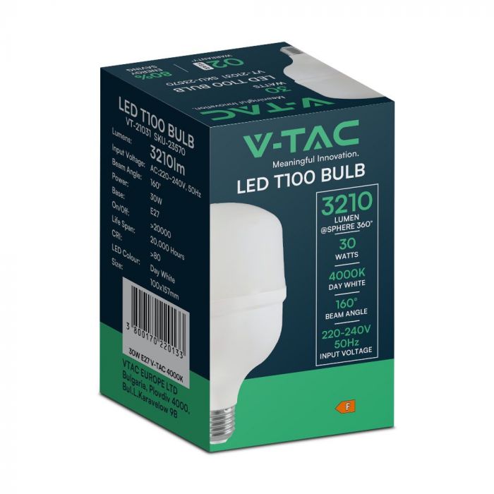 E27 30W3210Lm) LED Spuldze, V-TAC, IP20, T100, auksti balta gaisma 6500K